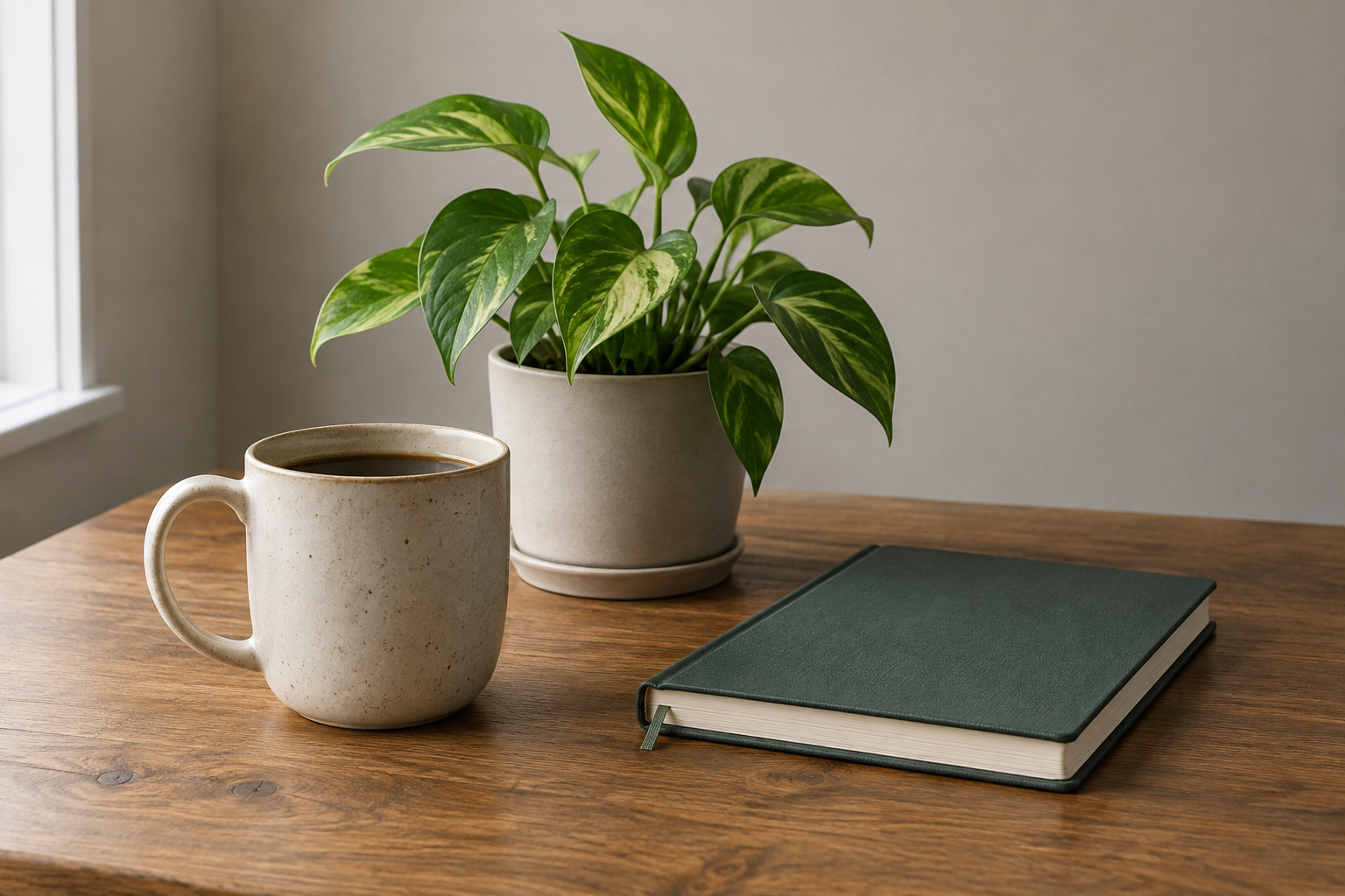 Nøytralt syntetisk kildefoto med kopp, plante og notatbok