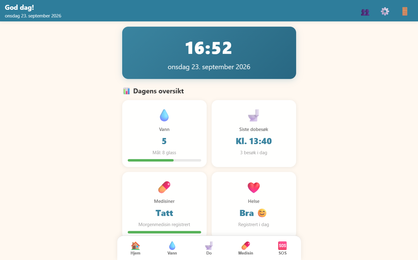 Daglig Helse med dagens registreringer for vann, medisiner og helse