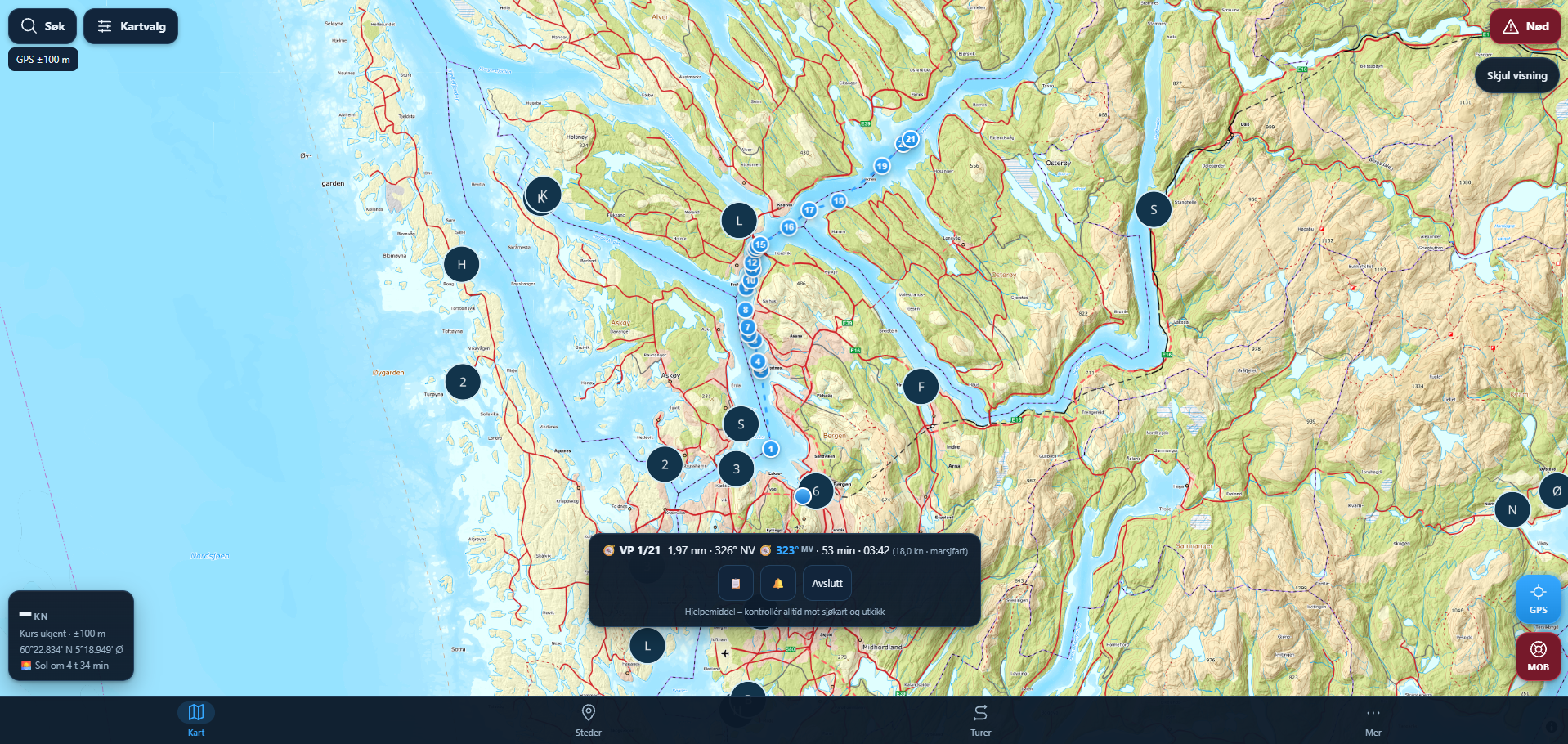 Havkart med aktiv rute og navigasjonsinformasjon